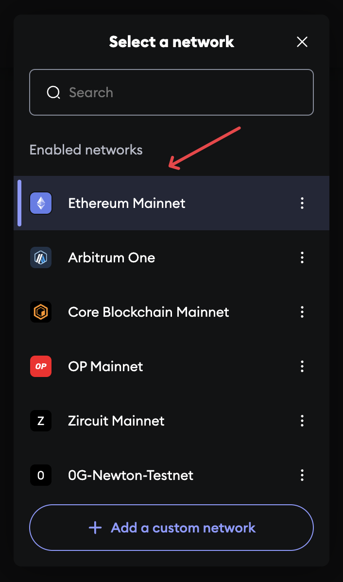 MetaMask network dropdown